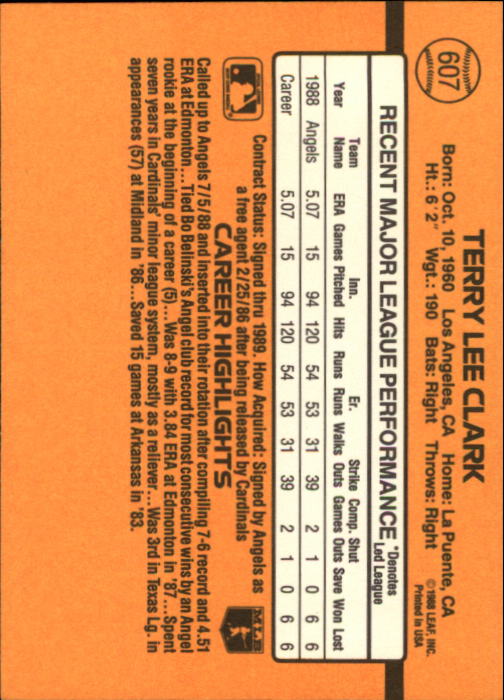 1989 Donruss #607 Terry Clark DP back image