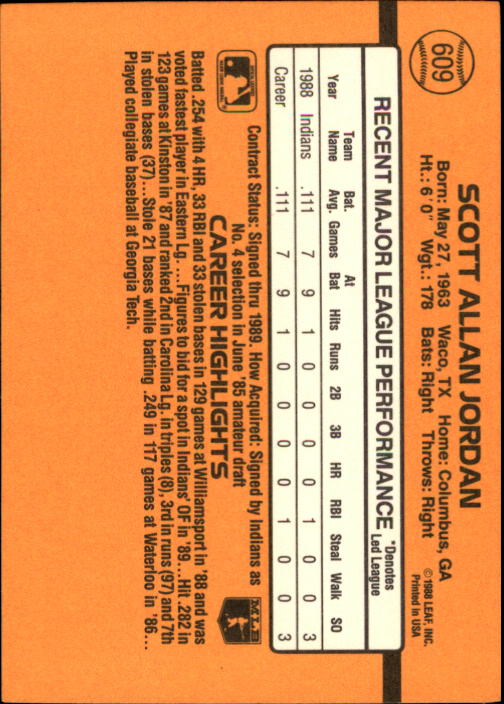 1989 Donruss #609 Scott Jordan RC back image