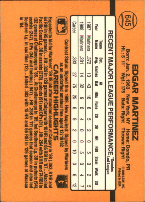 Edgar Martinez Autographed 1989 Donruss Card #645 Seattle Mariners