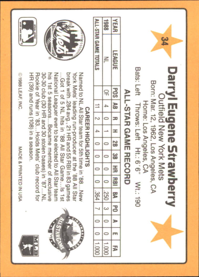 1988 Star Strawberry Glossy #2 Darryl Strawberry/Minor League Stats - NM-MT