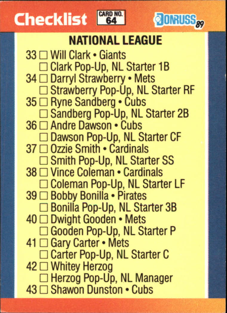 1989 Donruss All-Stars #64 NL Checklist 33-64 back image
