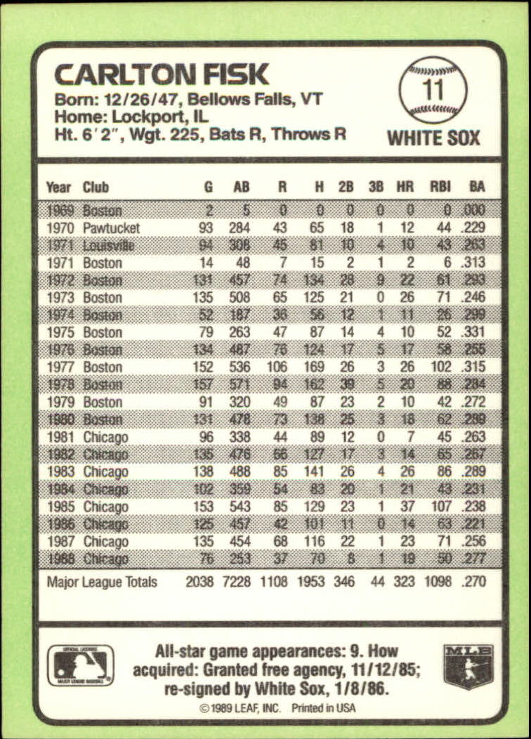 1989 Donruss Baseball's Best #11 Carlton Fisk back image