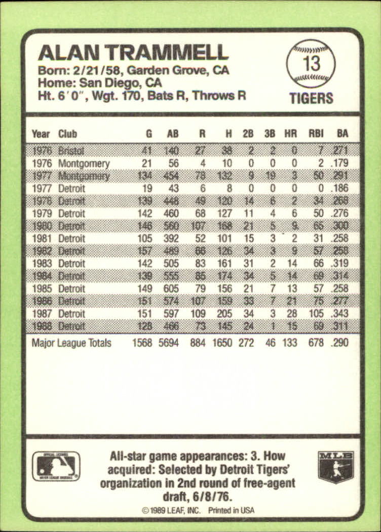 1989 Donruss Baseball's Best #13 Alan Trammell back image