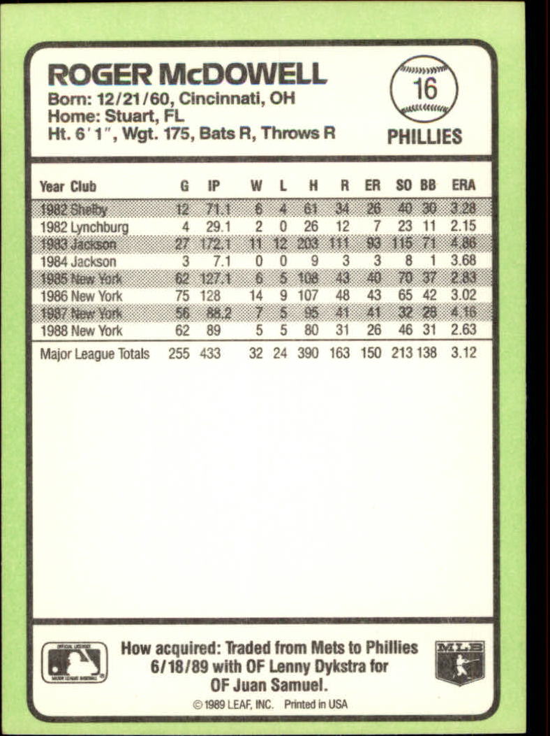 1989 Donruss Baseball's Best #16 Roger McDowell back image