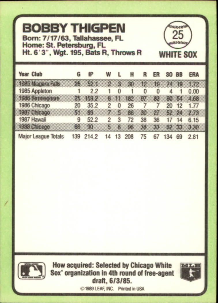 1989 Donruss Baseball's Best #25 Bobby Thigpen back image