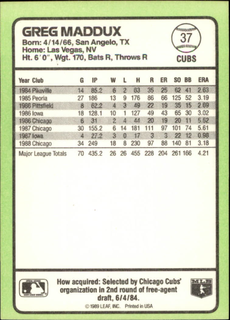 1989 Donruss Baseball's Best #37 Greg Maddux back image