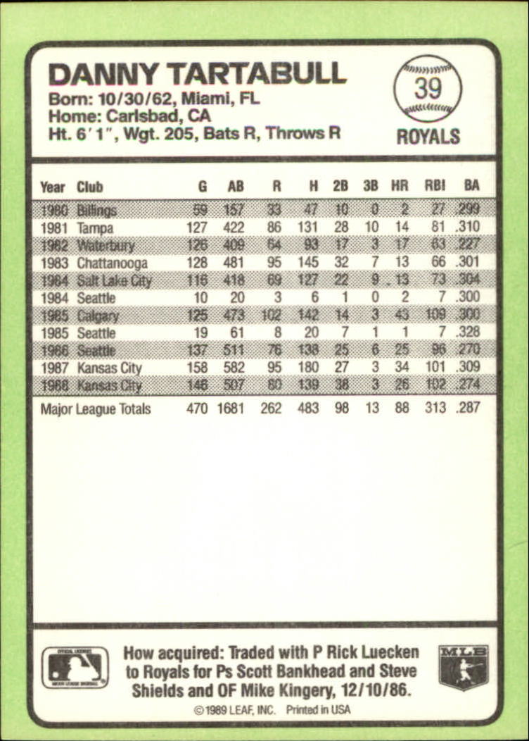 1989 Donruss Baseball's Best #39 Danny Tartabull back image