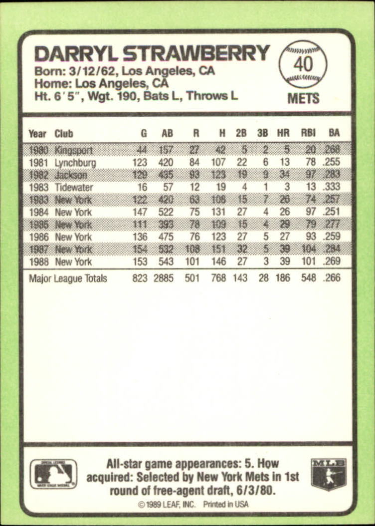 1989 Donruss Baseball's Best #40 Darryl Strawberry back image