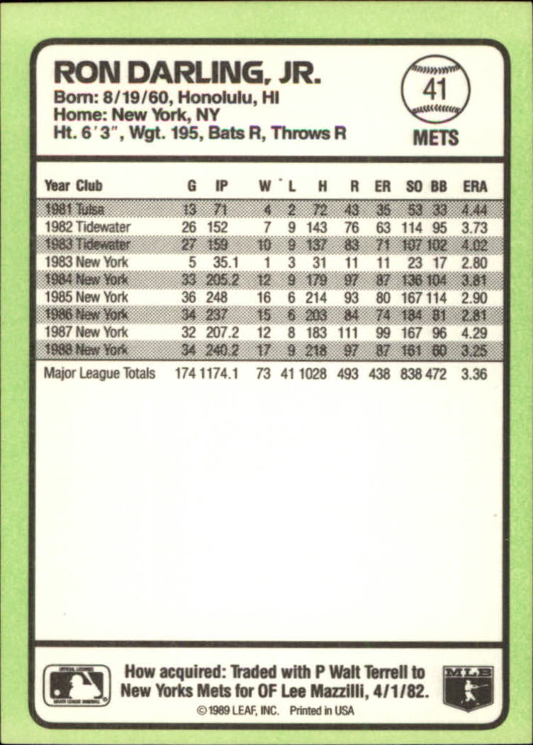 1989 Donruss Baseball's Best #41 Ron Darling back image