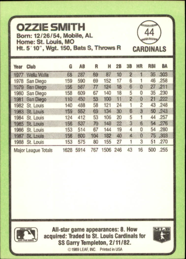 1989 Donruss Baseball's Best #44 Ozzie Smith back image