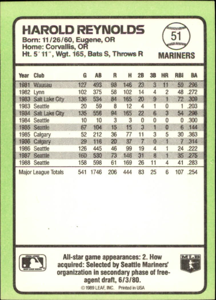 1989 Donruss Baseball's Best #51 Harold Reynolds back image