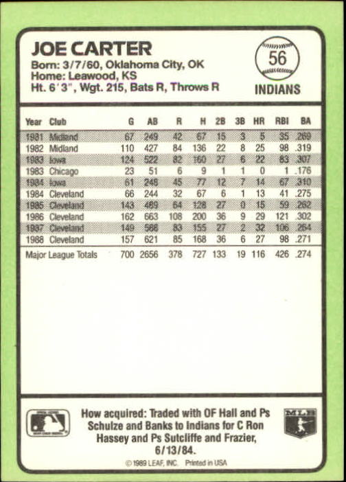 1989 Donruss Baseball's Best #56 Joe Carter back image