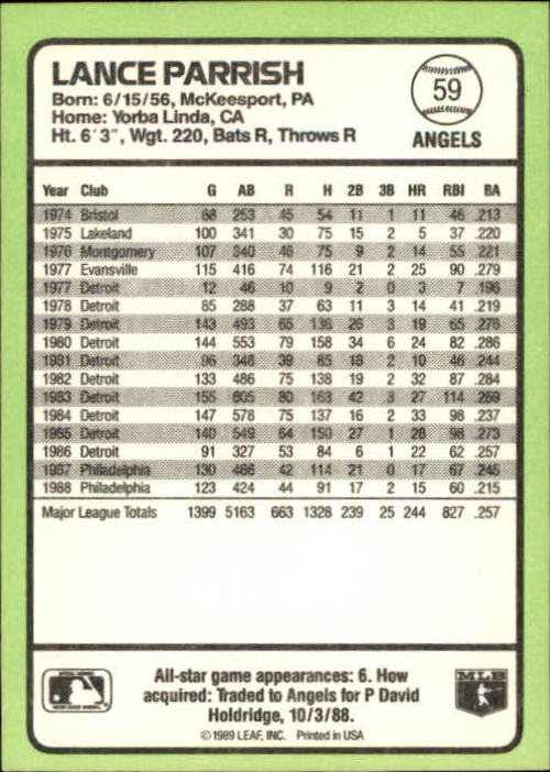 1989 Donruss Baseball's Best #59 Lance Parrish back image