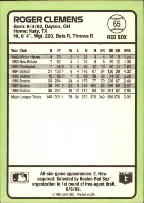 1989 Donruss Baseball's Best #65 Roger Clemens back image