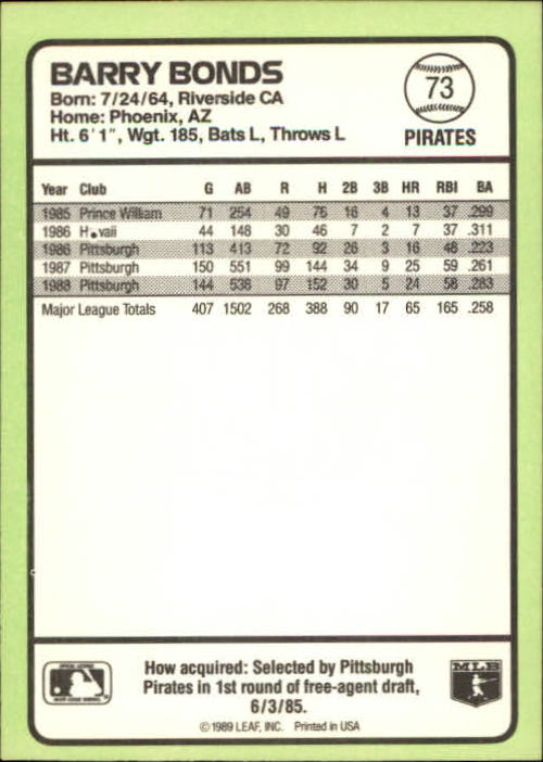 1989 Donruss Baseball's Best #73 Barry Bonds back image