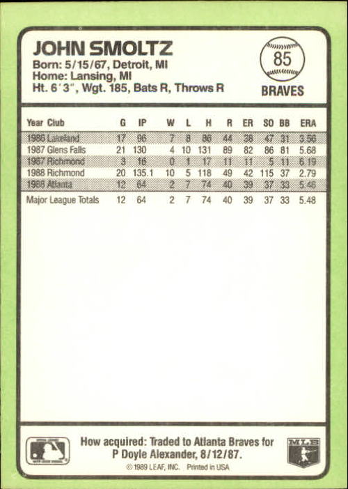 1989 Donruss Baseball's Best #85 John Smoltz back image