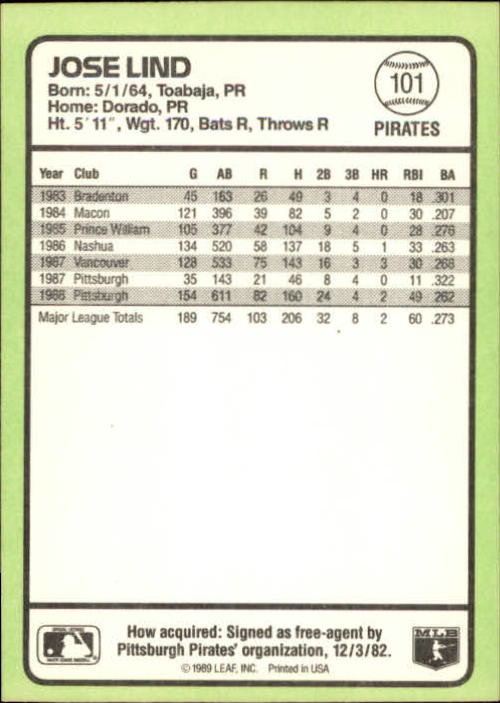 1989 Donruss Baseball's Best #101 Jose Lind back image