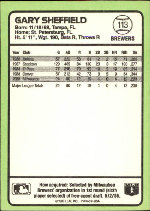 1989 Donruss Baseball's Best #113 Gary Sheffield back image