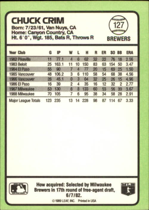 1989 Donruss Baseball's Best #127 Chuck Crim back image