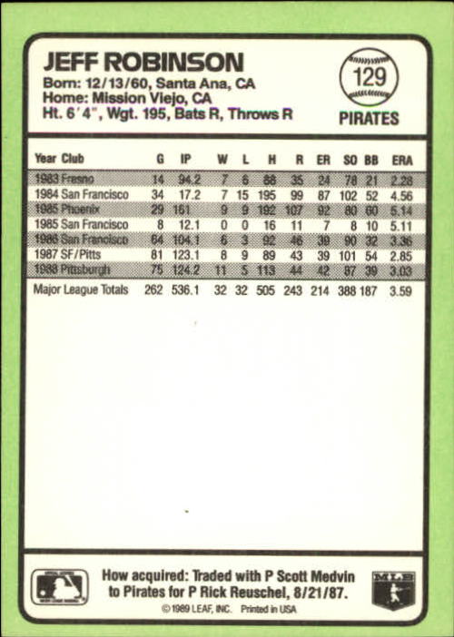 1989 Donruss Baseball's Best #129 Jeff Robinson back image