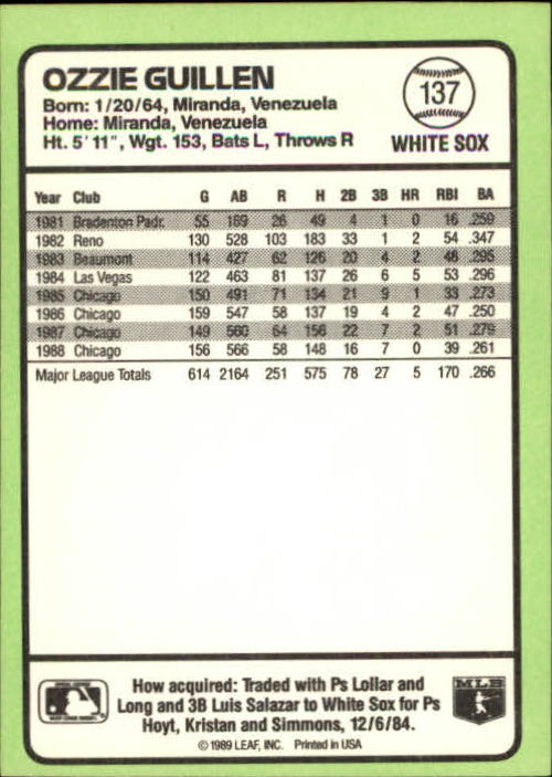 1989 Donruss Baseball's Best #137 Ozzie Guillen back image