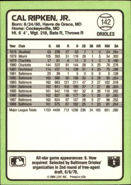 1989 Donruss Baseball's Best #142 Cal Ripken back image