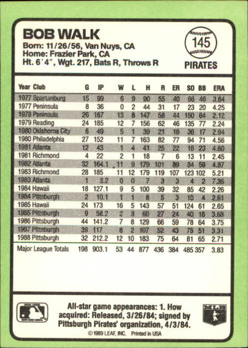 1989 Donruss Baseball's Best #145 Bob Walk back image