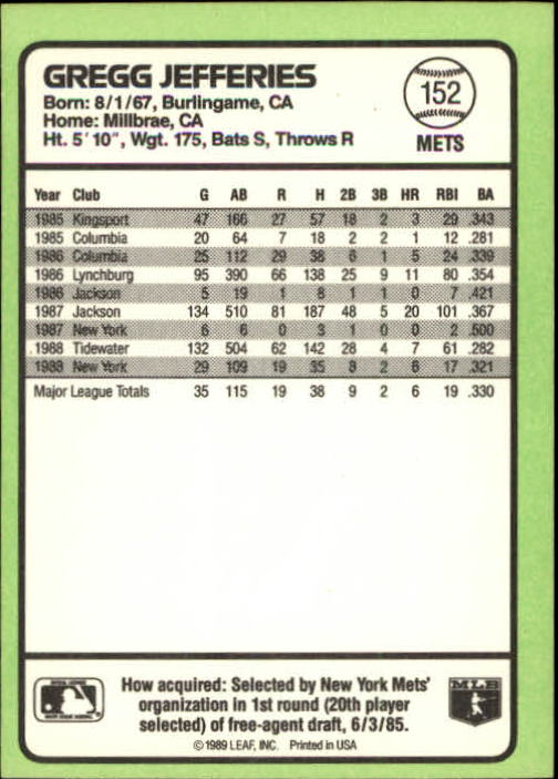 1989 Donruss Baseball's Best #152 Gregg Jefferies back image