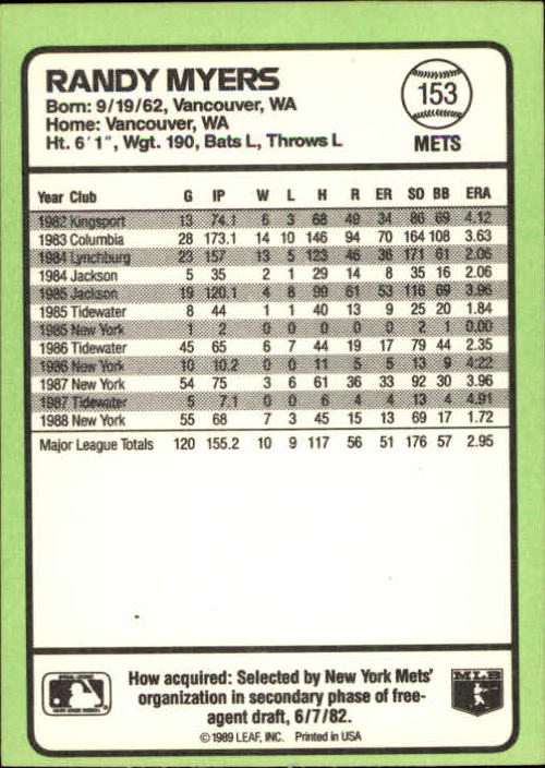 1989 Donruss Baseball's Best #153 Randy Myers back image