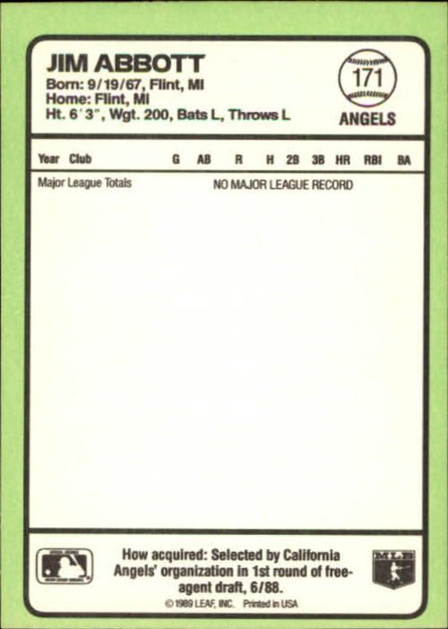 Jim Abbott 1989 Donruss Baseball's Best Card 171 Grade EXMT 
