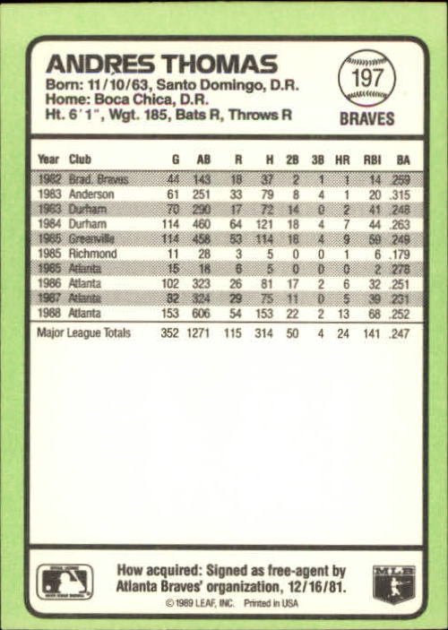 1989 Donruss Baseball's Best #197 Andres Thomas back image