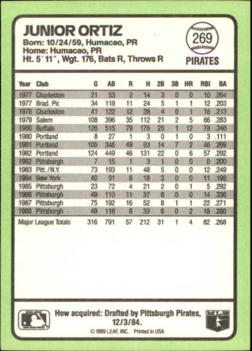 1989 Donruss Baseball's Best #269 Junior Ortiz back image