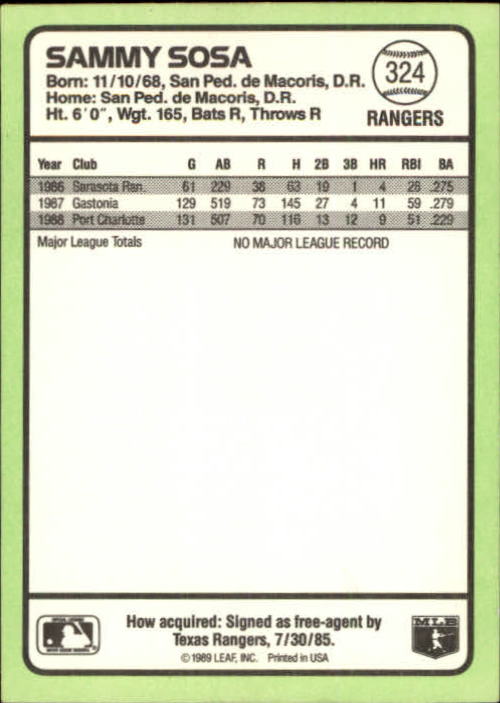 1989 Donruss Baseball's Best #324 Sammy Sosa back image