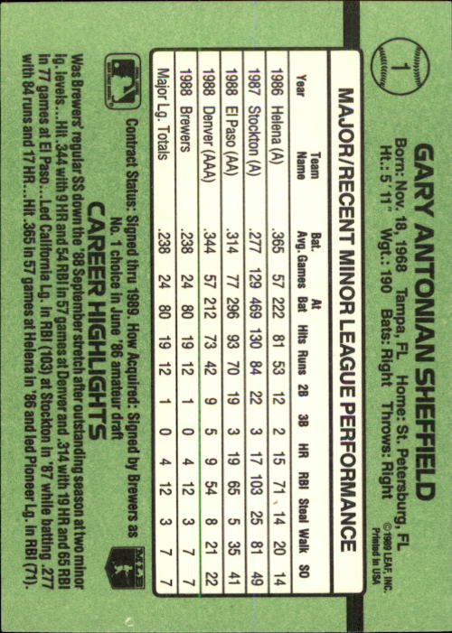 1989 Donruss Rookies #1 Gary Sheffield back image