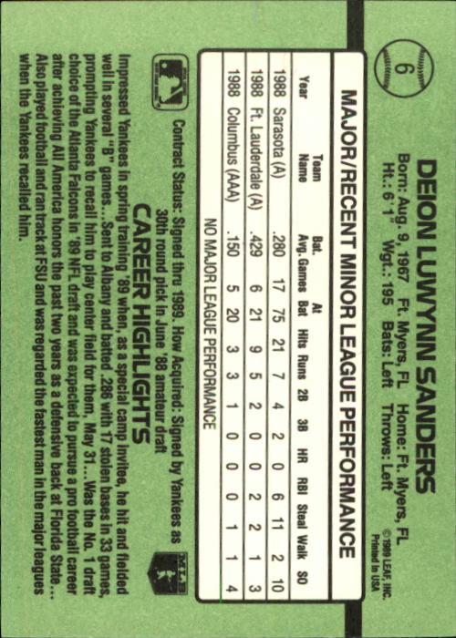 1989 Donruss Rookies #6 Deion Sanders RC back image