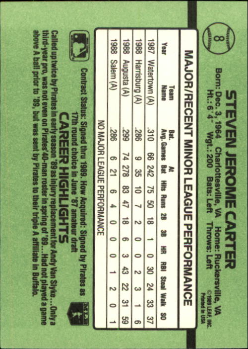 1989 Donruss Rookies #8 Steve Carter RC back image
