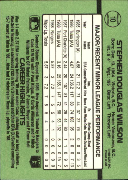 1989 Donruss Rookies #10 Steve Wilson RC back image