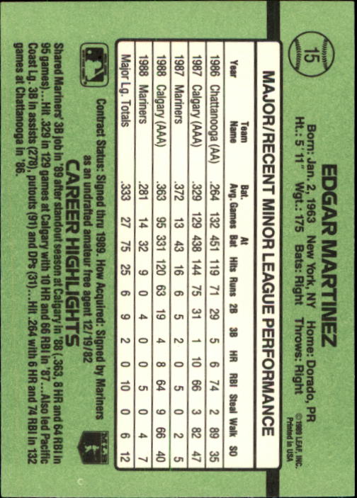 1989 Donruss Rookies #15 Edgar Martinez back image