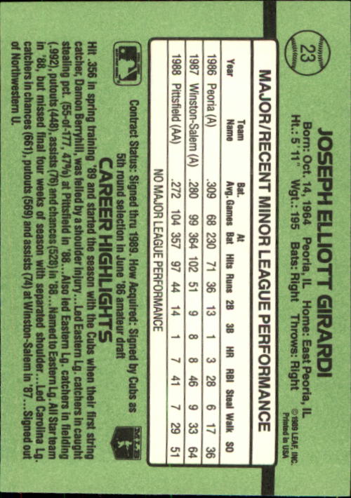 1989 Donruss Rookies #23 Joe Girardi RC back image