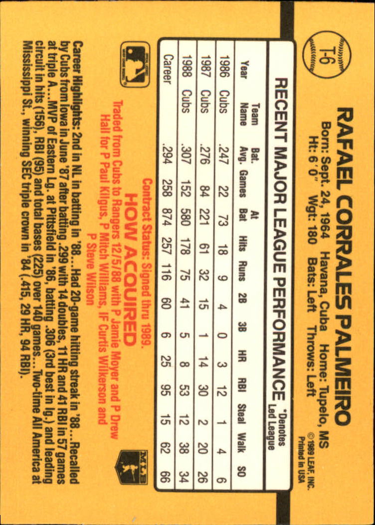1989 Donruss Traded #6 Rafael Palmeiro
