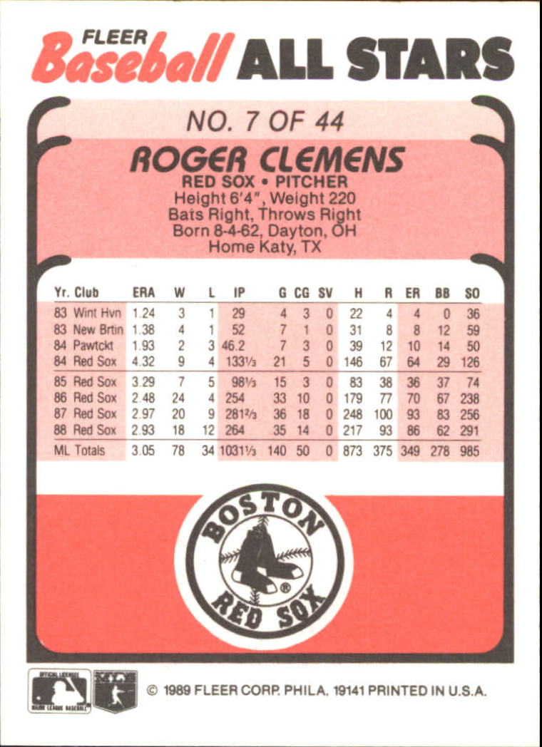 1989 Fleer Baseball All-Stars #7 Roger Clemens back image