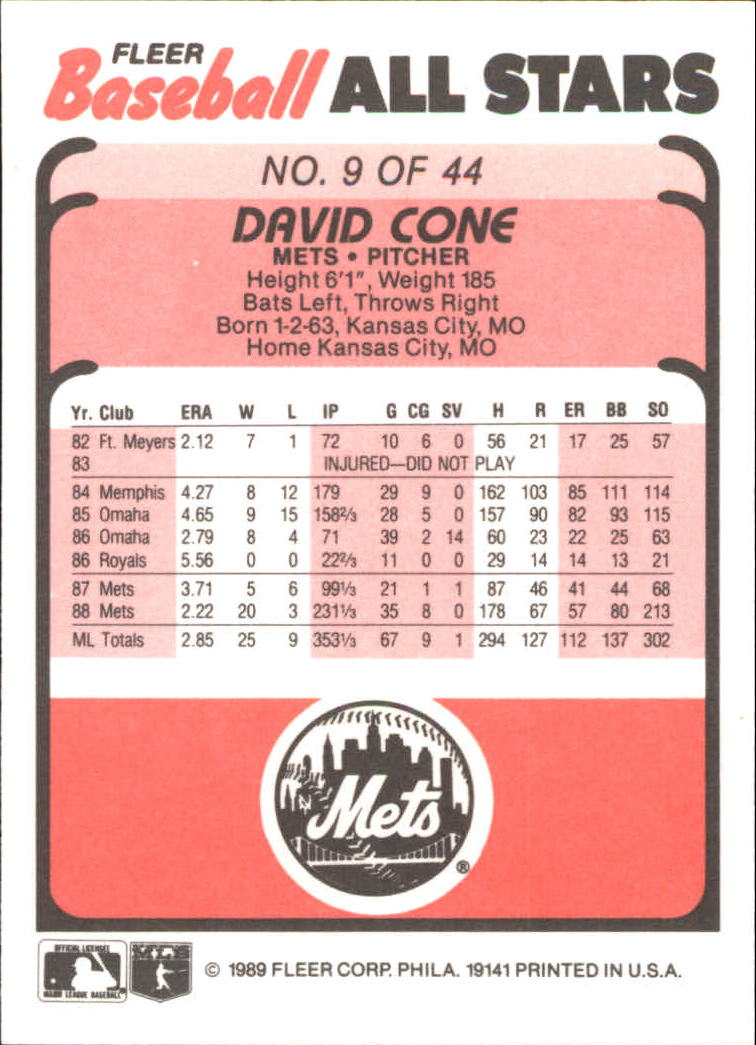 1989 Fleer Baseball All-Stars #9 David Cone - NM-MT - The Dugout  Sportscards & Comics