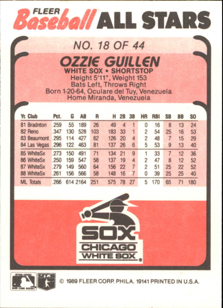 1989 Fleer Baseball All-Stars #18 Ozzie Guillen back image