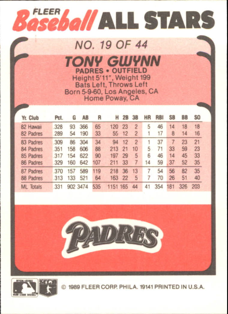 1989 Fleer Baseball All-Stars #19 Tony Gwynn back image