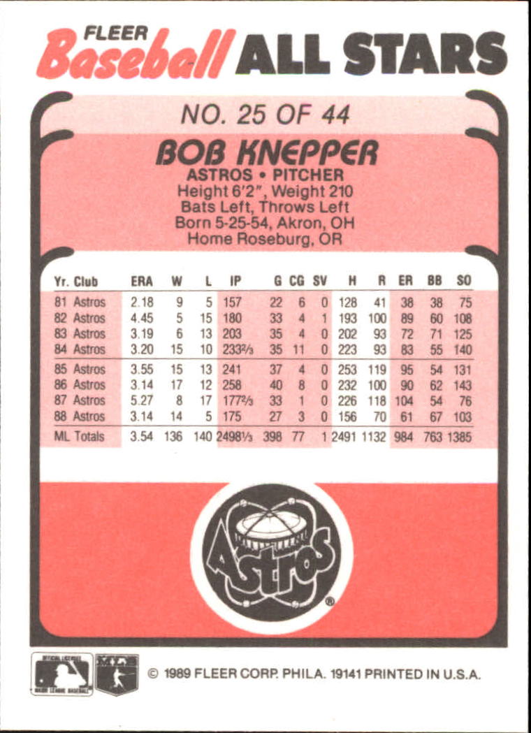 1989 Fleer Baseball All-Stars #25 Bob Knepper back image