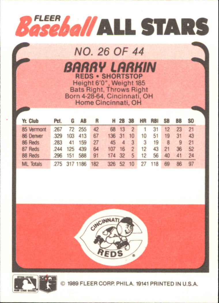 1989 Fleer Baseball All-Stars #26 Barry Larkin back image