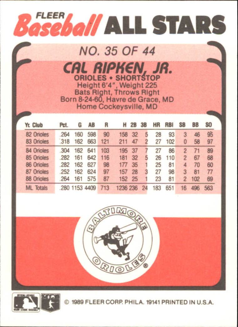 1989 Fleer Baseball All-Stars #35 Cal Ripken back image