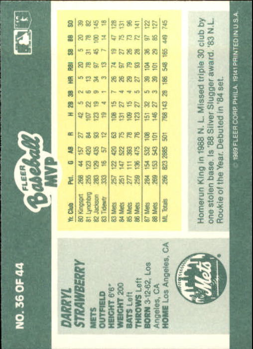 1989 Fleer Baseball MVP's #36 Darryl Strawberry back image