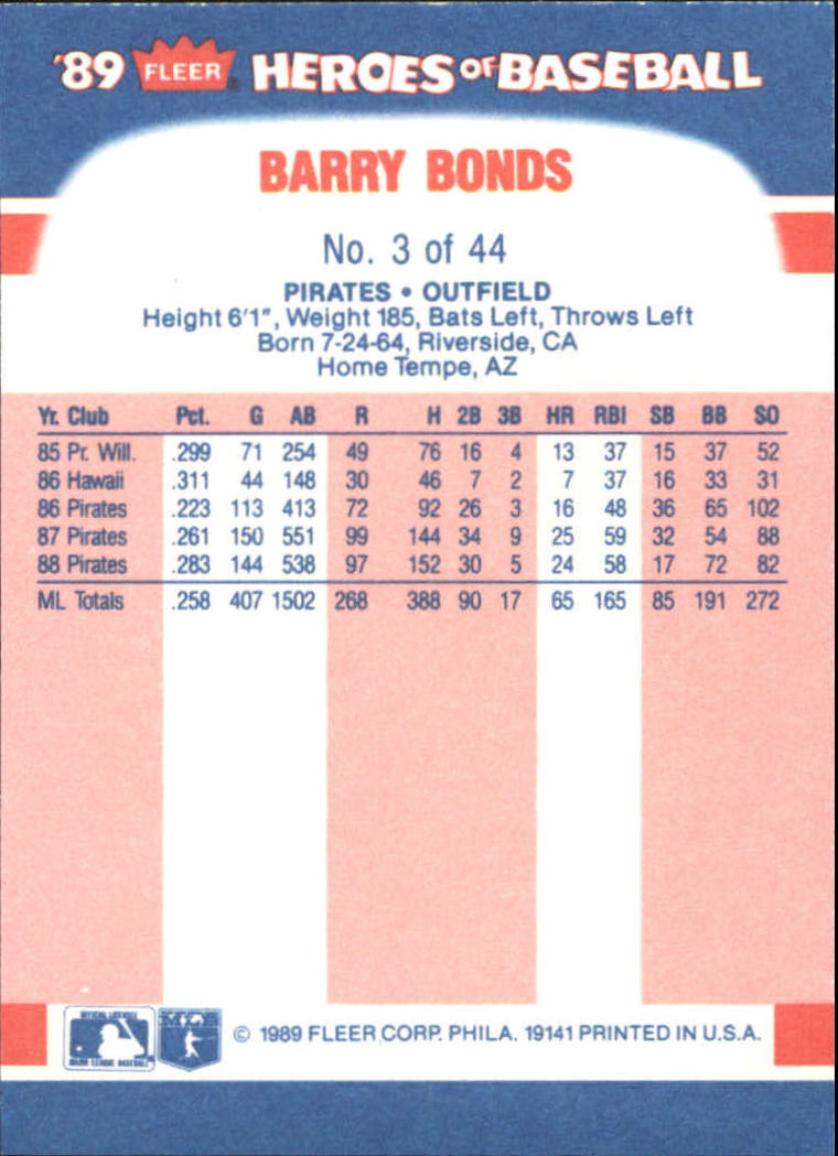 1989 Fleer Heroes of Baseball #3 Barry Bonds back image