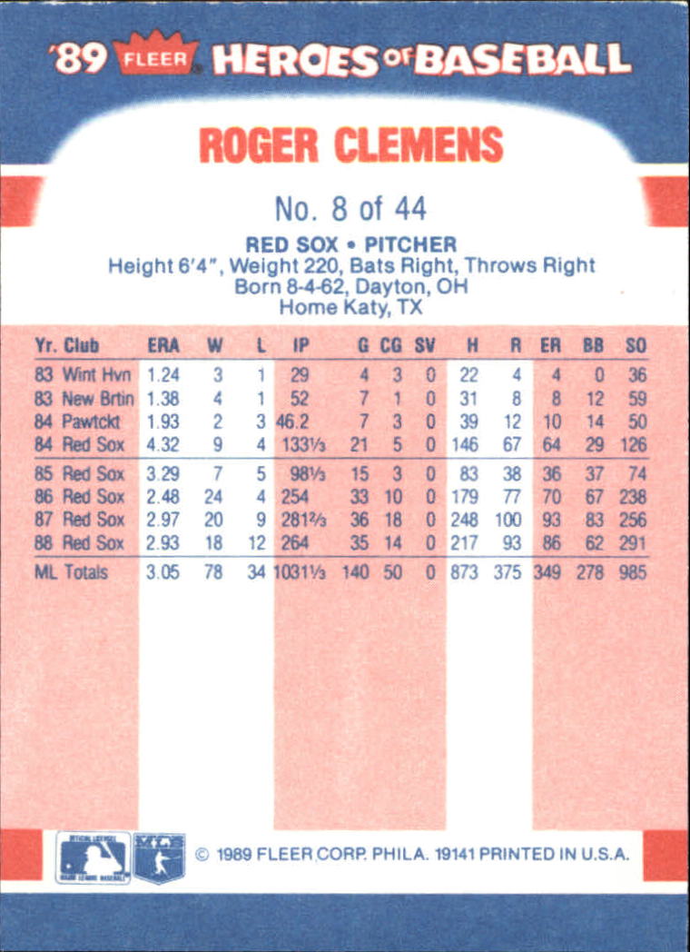 1989 Fleer Heroes of Baseball #8 Roger Clemens back image